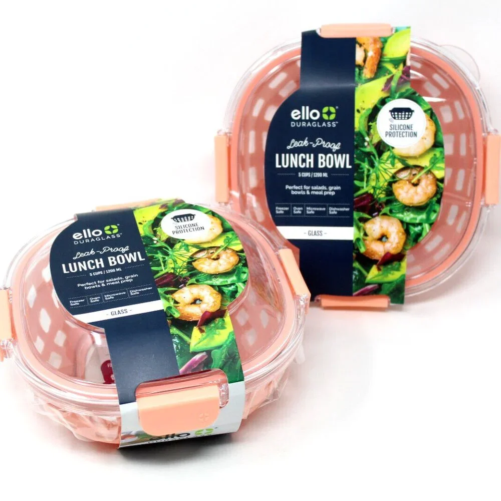 2PK OF Ello GLASS 5 Cup Lunch Bowl Food Storage Container, Peach - Picture 1 of 8